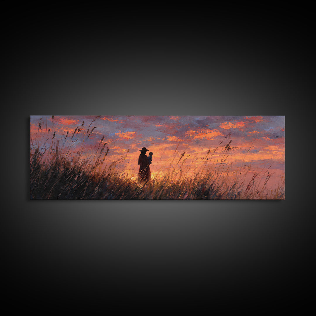 Silhouette Mother Holding Baby At Fiery Sunset Wall Art, Moody Landscape Painting, Gift For Her, Warm Bedroom Decor Canvas Print
