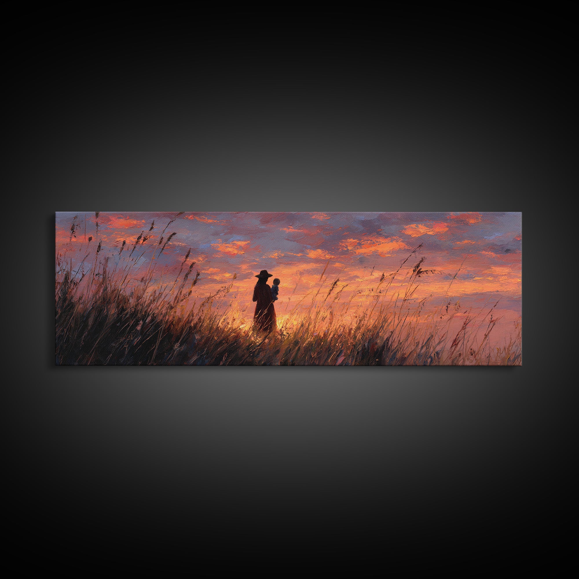 Silhouette Mother Holding Baby At Fiery Sunset Wall Art, Moody Landscape Painting, Gift For Her, Warm Bedroom Decor Canvas Print