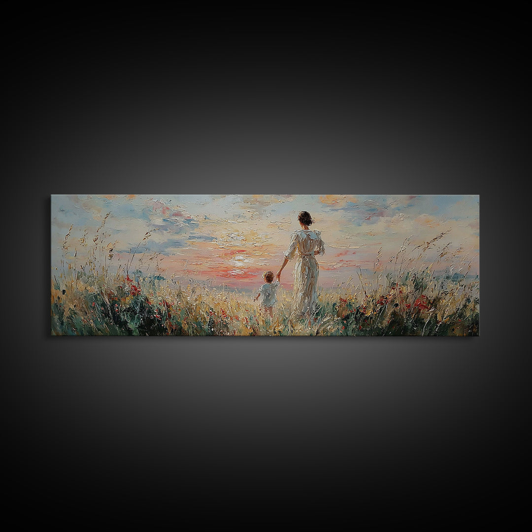 Mother And Child Walking Through Coastal Flowers Framed Canvas Print, Beach House Decor, Living Room Wall Art, Gift For Mom