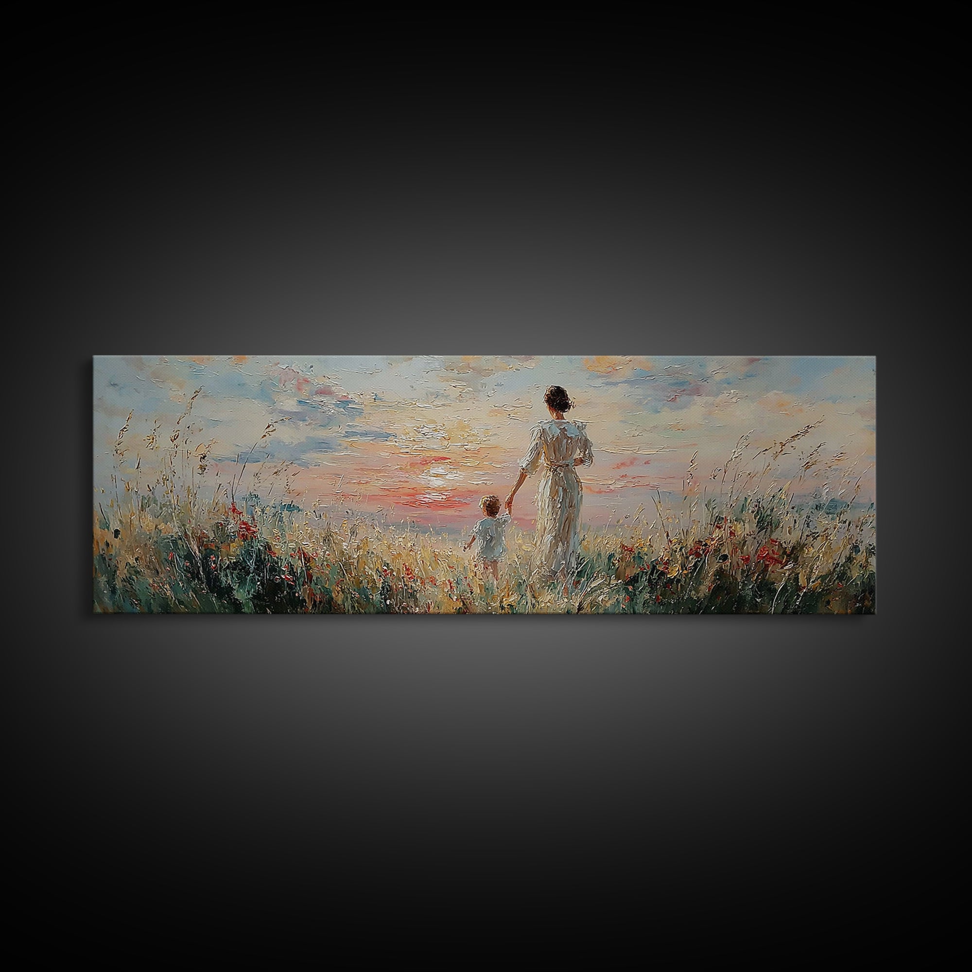 Mother And Child Walking Through Coastal Flowers Framed Canvas Print, Beach House Decor, Living Room Wall Art, Gift For Mom