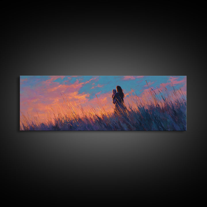 Mother Holding Baby In Purple Sunset Meadow Canvas Print, Romantic Wall Art, Moody Bedroom Decor, Gift For Her, Nursery Art