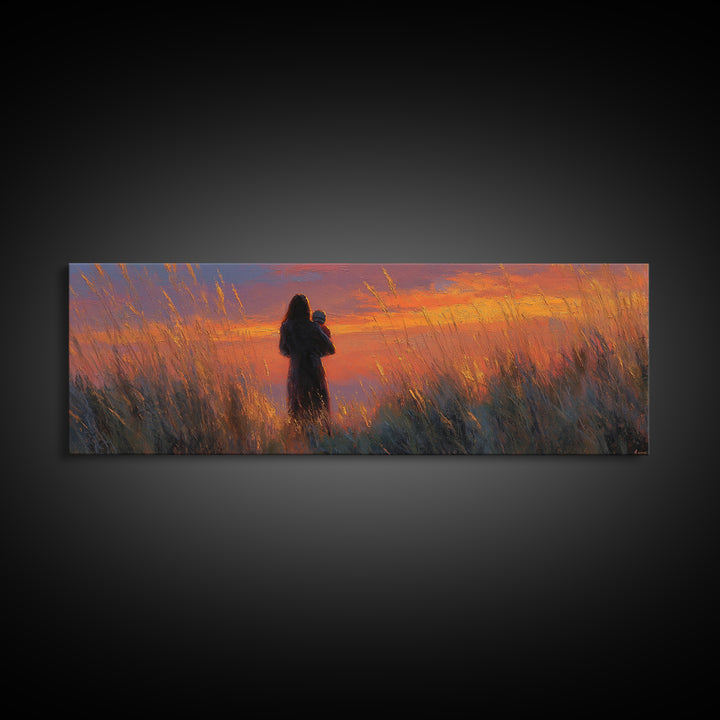 Mother And Baby Silhouette In Golden Field Wall Art, Sunset Landscape Painting, Warm Home Decor, Gift For Mom, Canvas Print