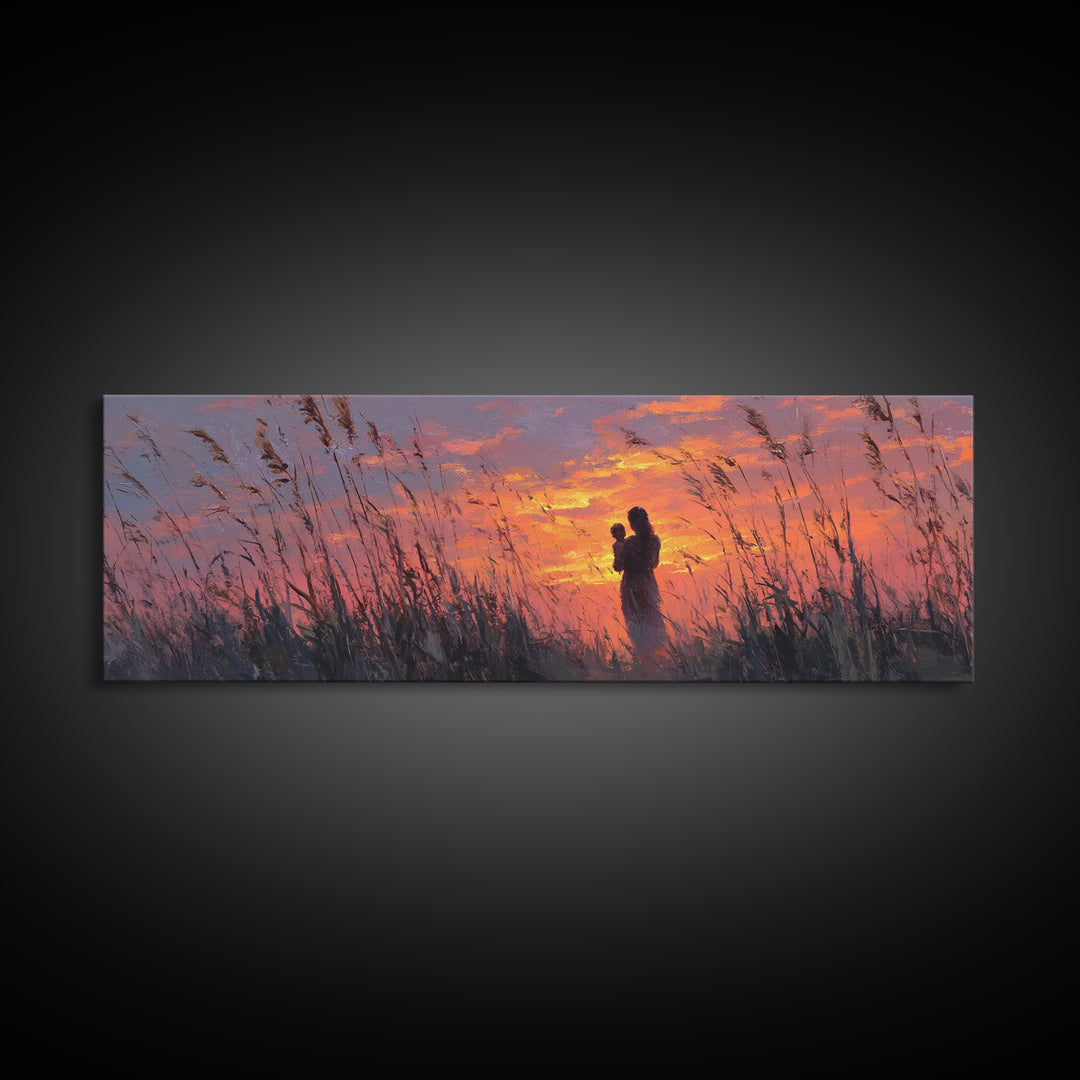 Mother Holding Baby At Rose Sunset Framed Canvas Print, Romantic Nursery Wall Art, Calming Bedroom Decor, Gift For Her And Mom