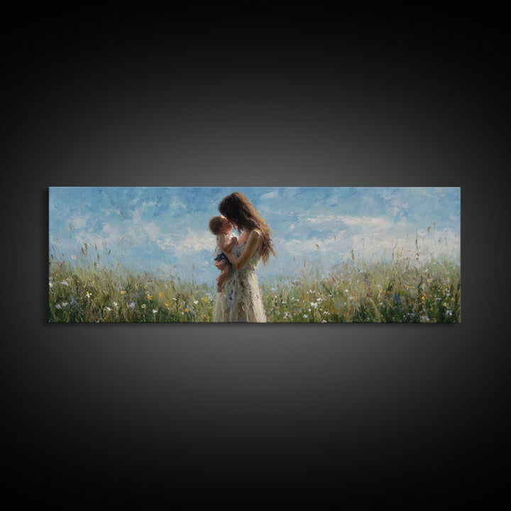 Mother Holding Baby In Wildflower Meadow Wall Art, Impressionist Floral Nursery Decor, Mothers Day Gift, Serene Living Room Print