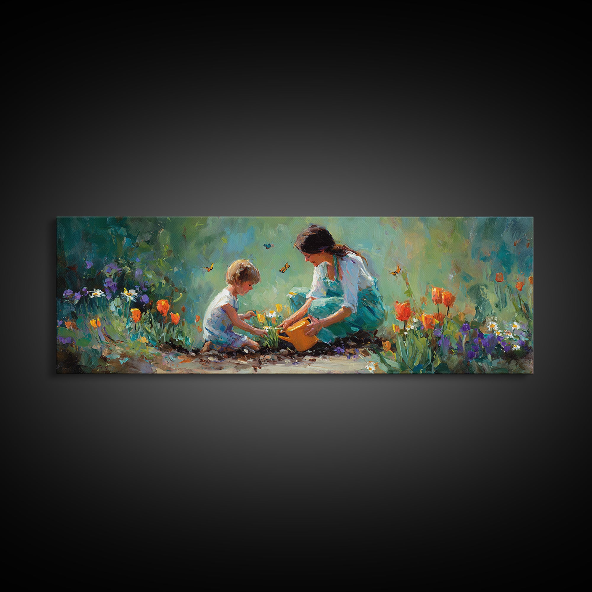 Mother And Child Planting Tulips Canvas Print, Whimsical Garden Wall Art, Floral Nursery Decor, Gift For Mom Cozy Home Decor