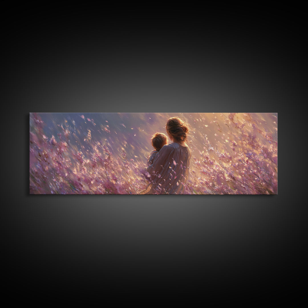 Mother Holding Child In Purple Wildflower Meadow Framed Canvas Print, Romantic Floral Wall Art, Nursery Decor, Gift For Mom