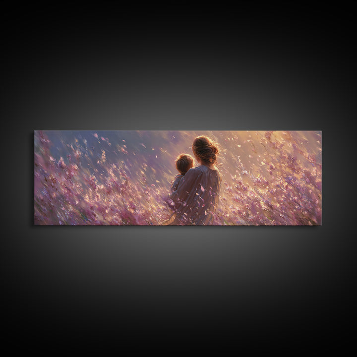 Mother Holding Child In Purple Wildflower Meadow Framed Canvas Print, Romantic Floral Wall Art, Nursery Decor, Gift For Mom