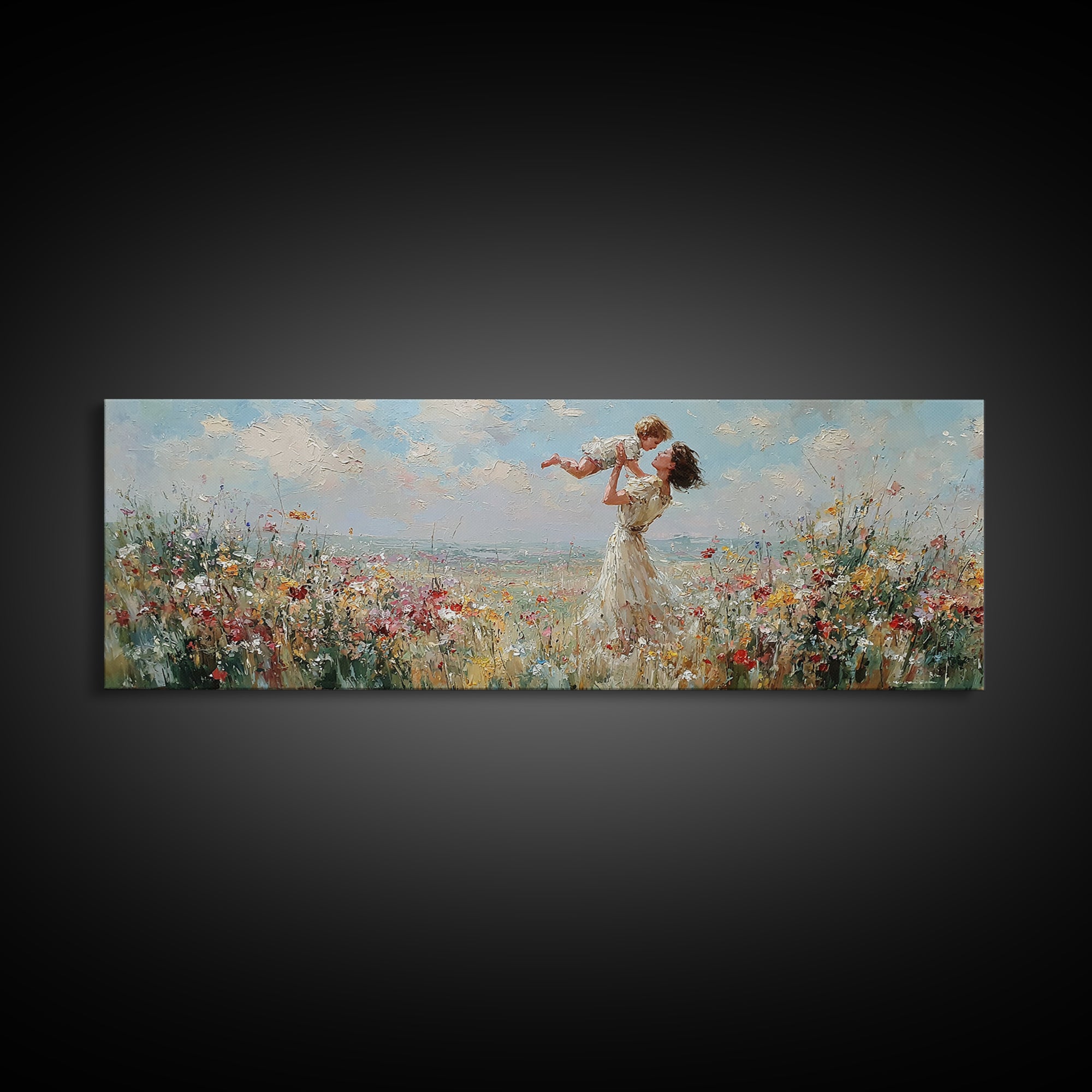 Mother Lifting Baby By Seaside Wildflowers Wall Art, Impressionist Coastal Canvas Print, Nursery Decor, Mothers Day Gift