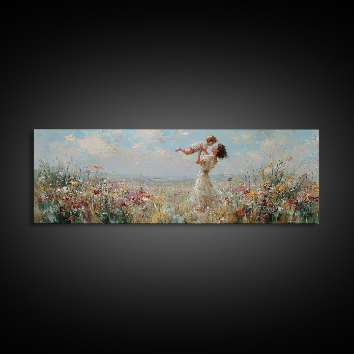 Mother Lifting Baby By Seaside Wildflowers Wall Art, Impressionist Coastal Canvas Print, Nursery Decor, Mothers Day Gift