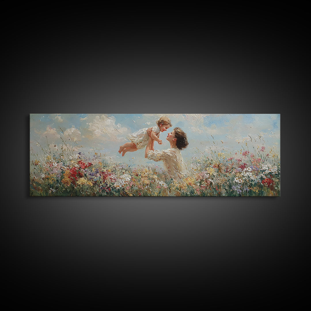 Mother Tossing Baby Above Wildflower Meadow Framed Canvas Print, Joyful Floral Wall Art, Nursery Decor, Mothers Day Gift