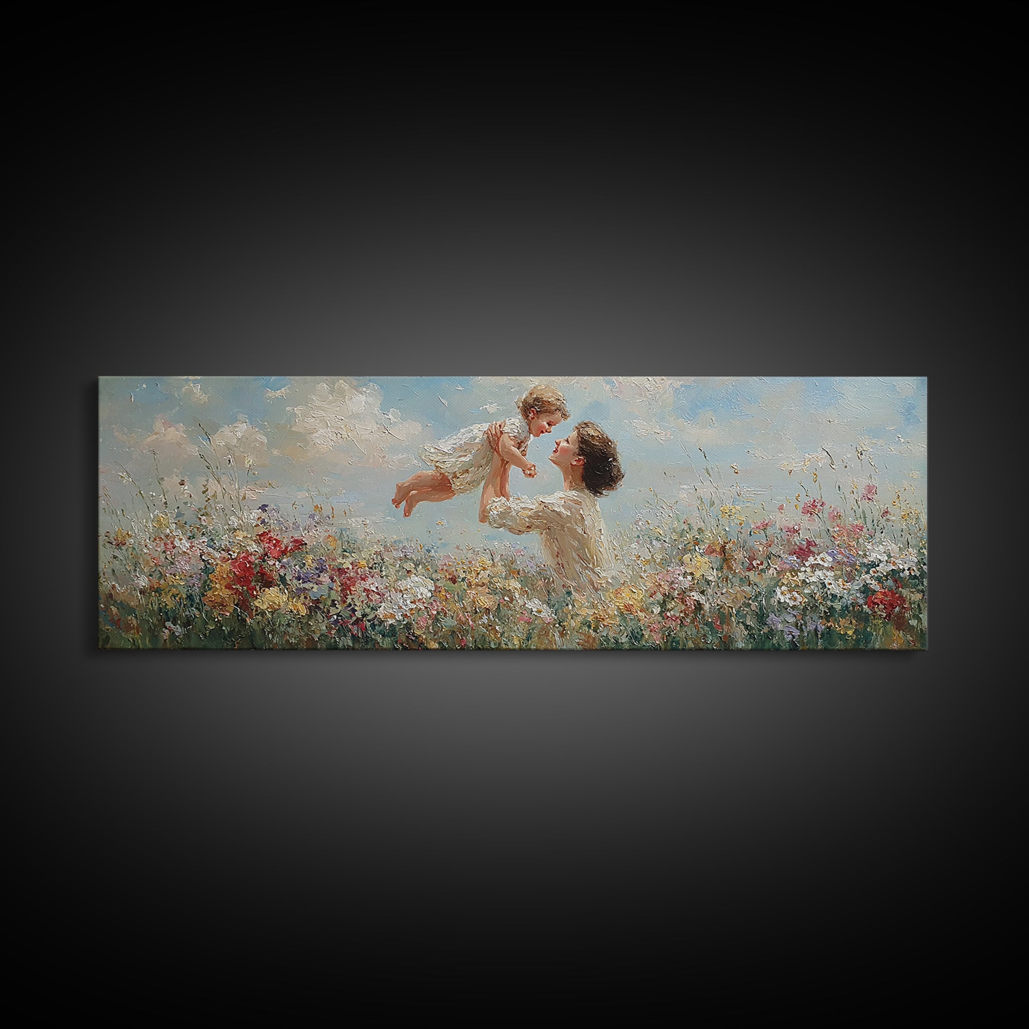 Mother Tossing Baby Above Wildflower Meadow Framed Canvas Print, Joyful Floral Wall Art, Nursery Decor, Mothers Day Gift