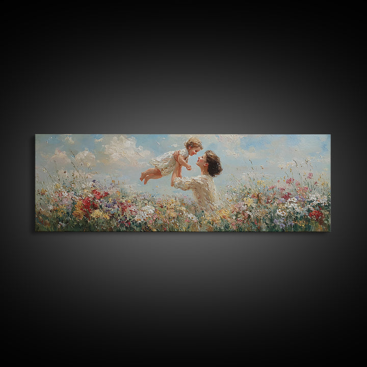 Mother Tossing Baby Above Wildflower Meadow Framed Canvas Print, Joyful Floral Wall Art, Nursery Decor, Mothers Day Gift