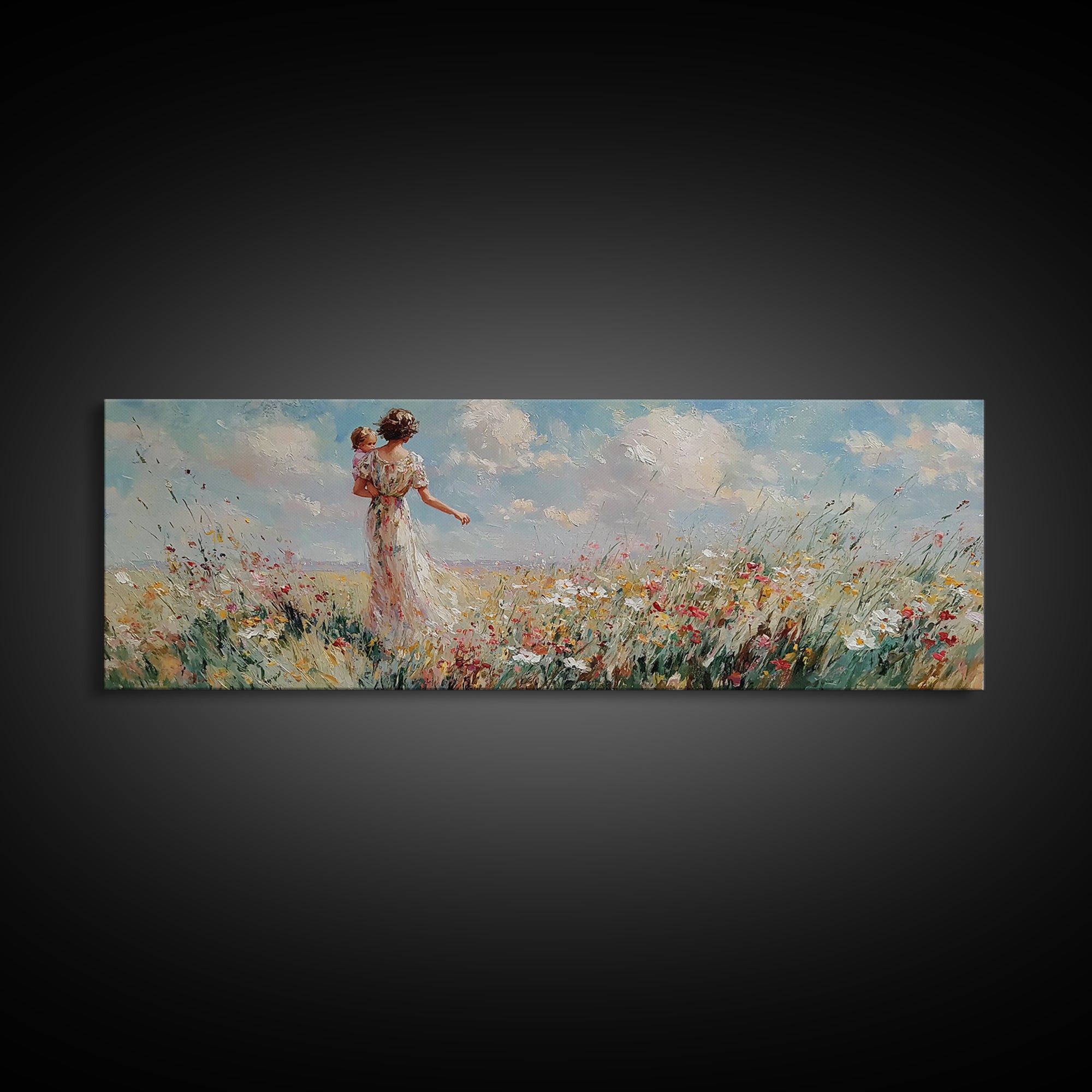 Mother Carrying Baby Through Wildflower Meadow Wall Art, Impressionist Landscape Canvas Print, Nursery Decor, Gift For Mom