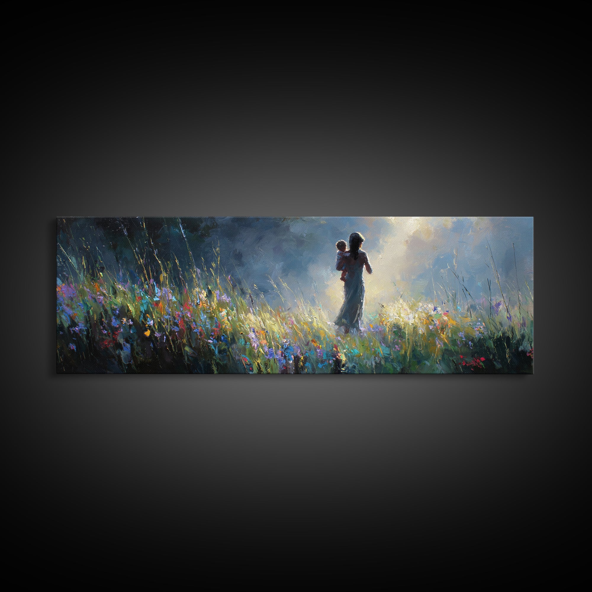Mother And Child Silhouette In Moonlit Wildflower Meadow Canvas Print, Moody Wall Art, Nursery Decor, Gift For Mom Home Decor