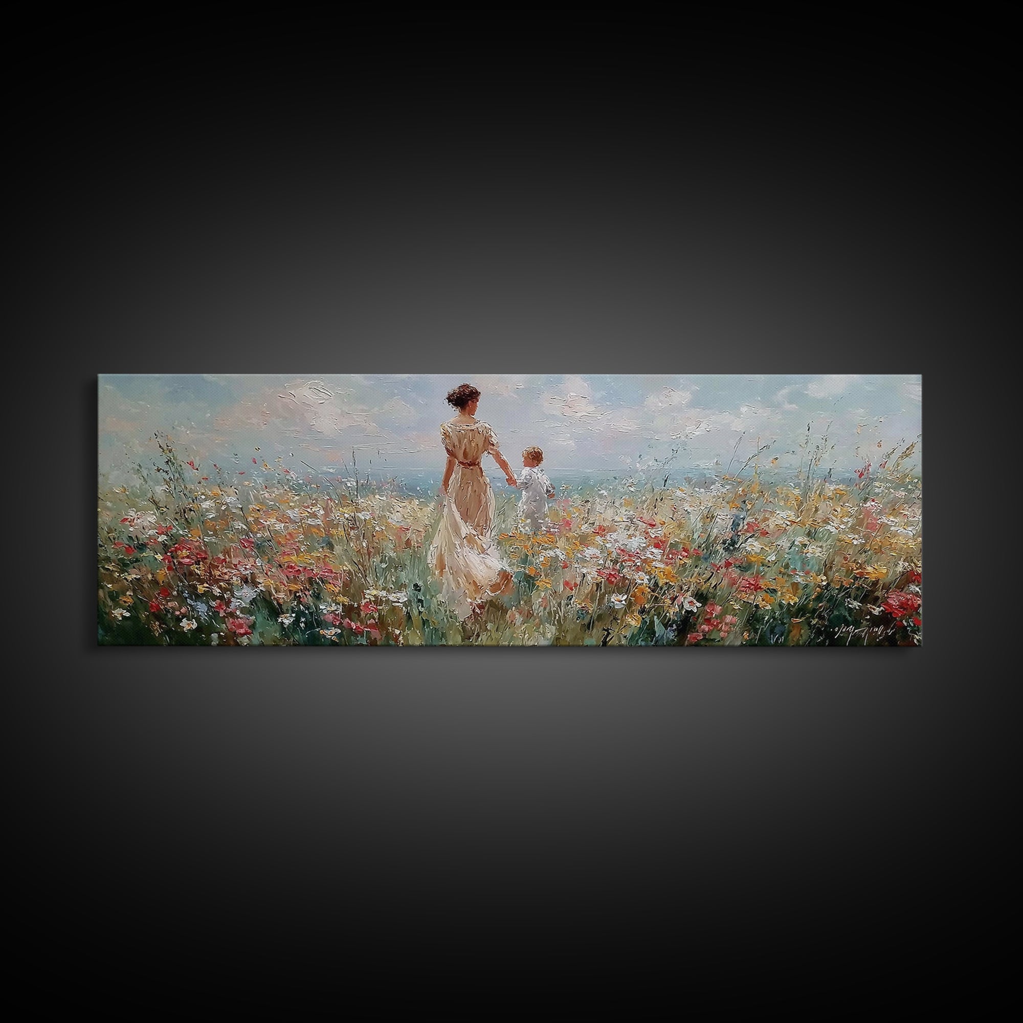 Mother And Child Holding Hands In Coastal Wildflower Meadow Wall Art, Impressionist Canvas Print, Nursery Decor, Gift For Mom