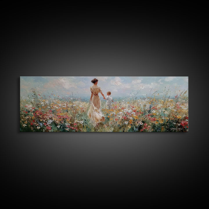 Mother And Child Holding Hands In Coastal Wildflower Meadow Wall Art, Impressionist Canvas Print, Nursery Decor, Gift For Mom