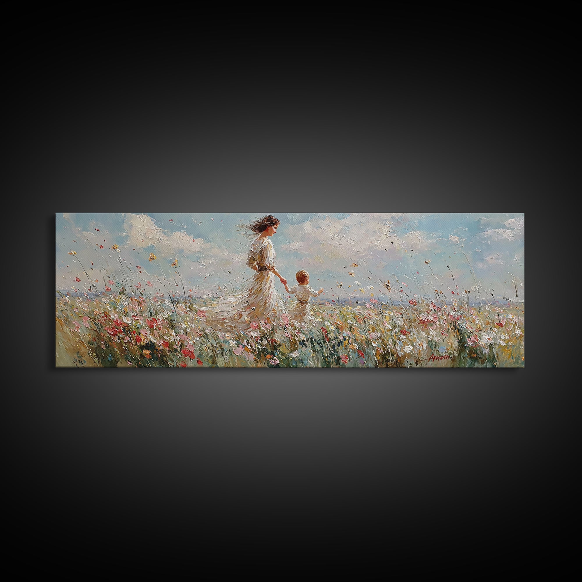 Mother And Child Walking Through Wildflowers Wall Art, Impressionist Meadow Canvas Print, Nursery Decor Gift For Mom And Her