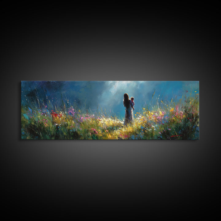Moonlit Mother Holding Baby In Wildflower Meadow Wall Art, Impressionist Canvas Print, Nursery Decor Gift For Mom And Her