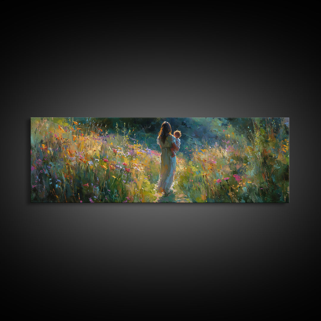 Mother And Baby In Sunlit Wildflower Path Wall Art, Impressionist Landscape Canvas Print, Nursery Decor Gift For Mom And Her