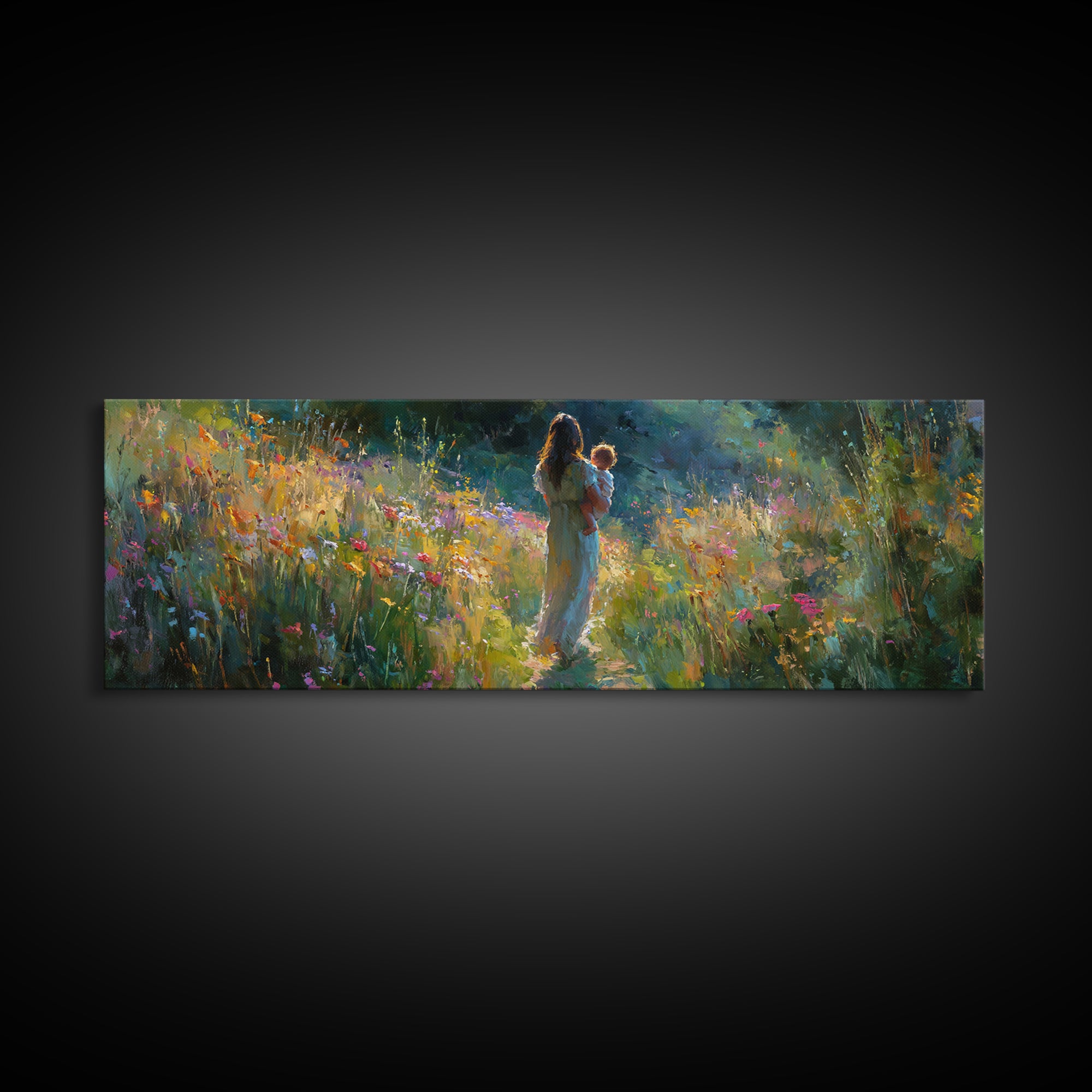 Mother And Baby In Sunlit Wildflower Path Wall Art, Impressionist Landscape Canvas Print, Nursery Decor Gift For Mom And Her