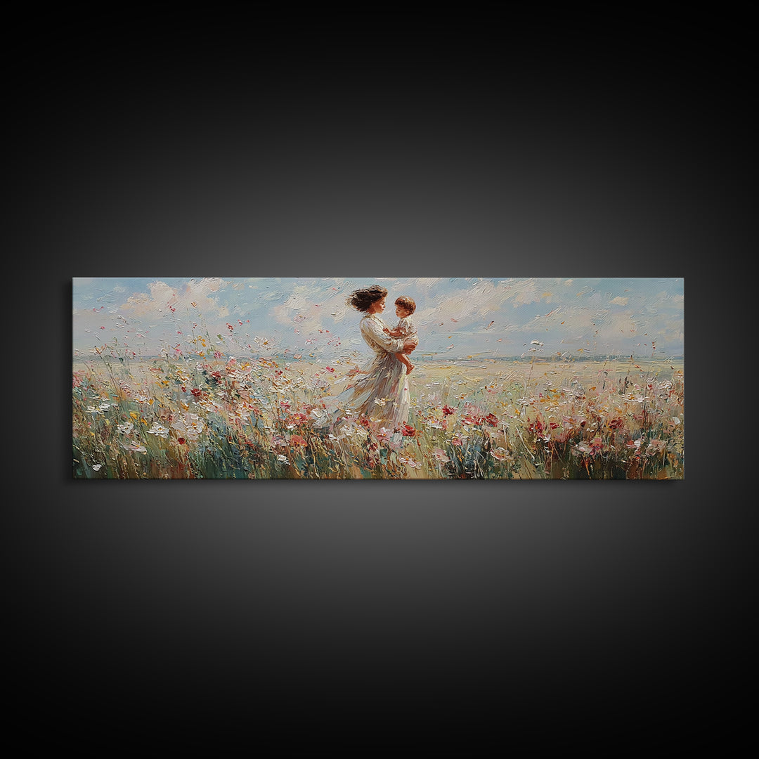 Mother Embracing Child In Breezy Wildflower Field Wall Art, Impressionist Canvas Print, Feminine Nursery Decor Gift For Mom