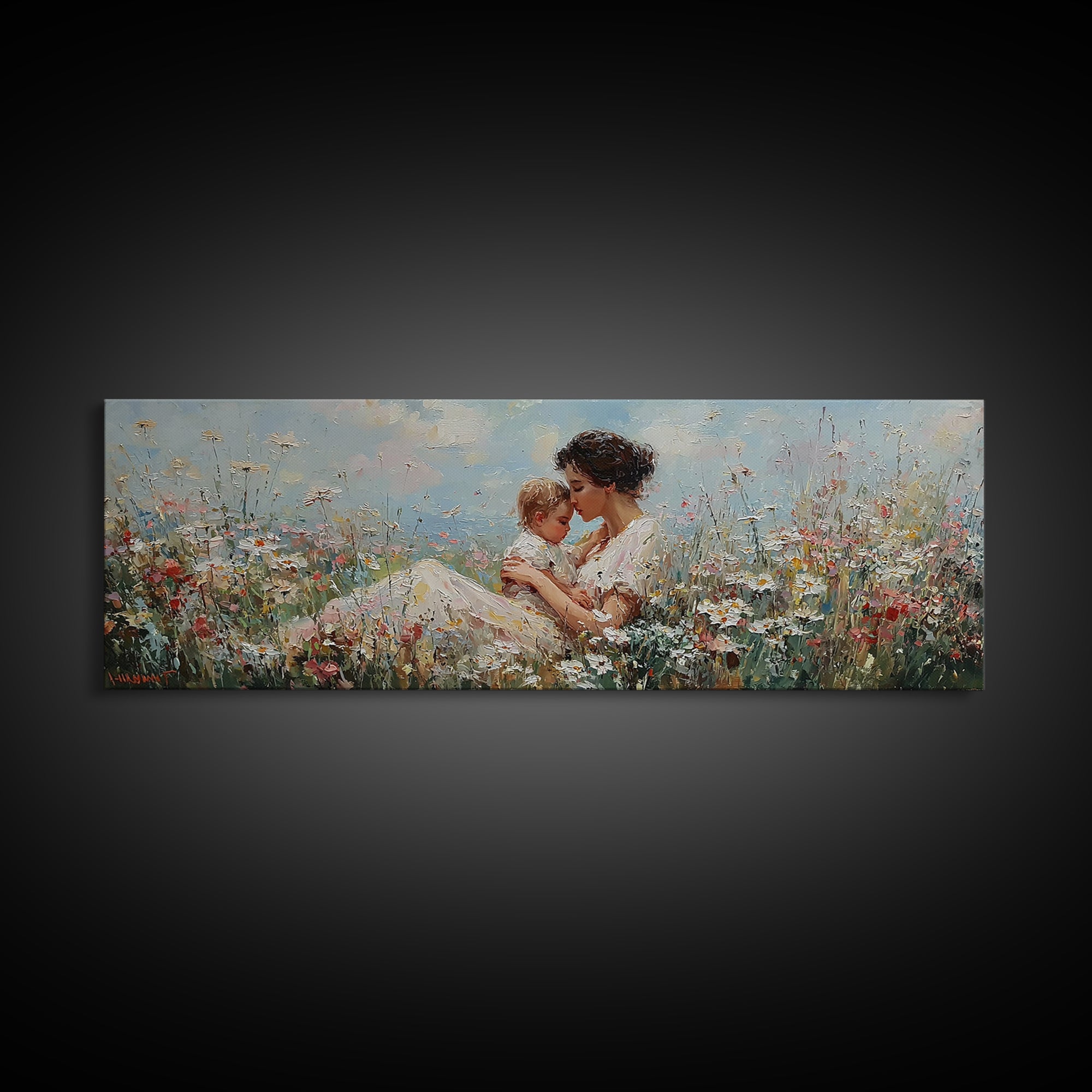 Seated Mother Cuddling Baby Among Wildflowers Wall Art, Impressionist Floral Canvas Print, Nursery Decor Gift For Mom And Her
