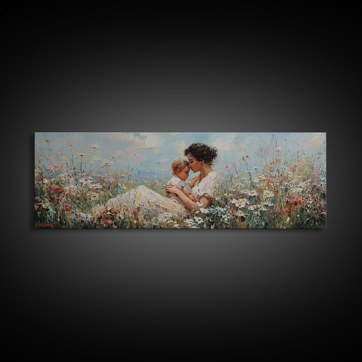 Seated Mother Cuddling Baby Among Wildflowers Wall Art, Impressionist Floral Canvas Print, Nursery Decor Gift For Mom And Her