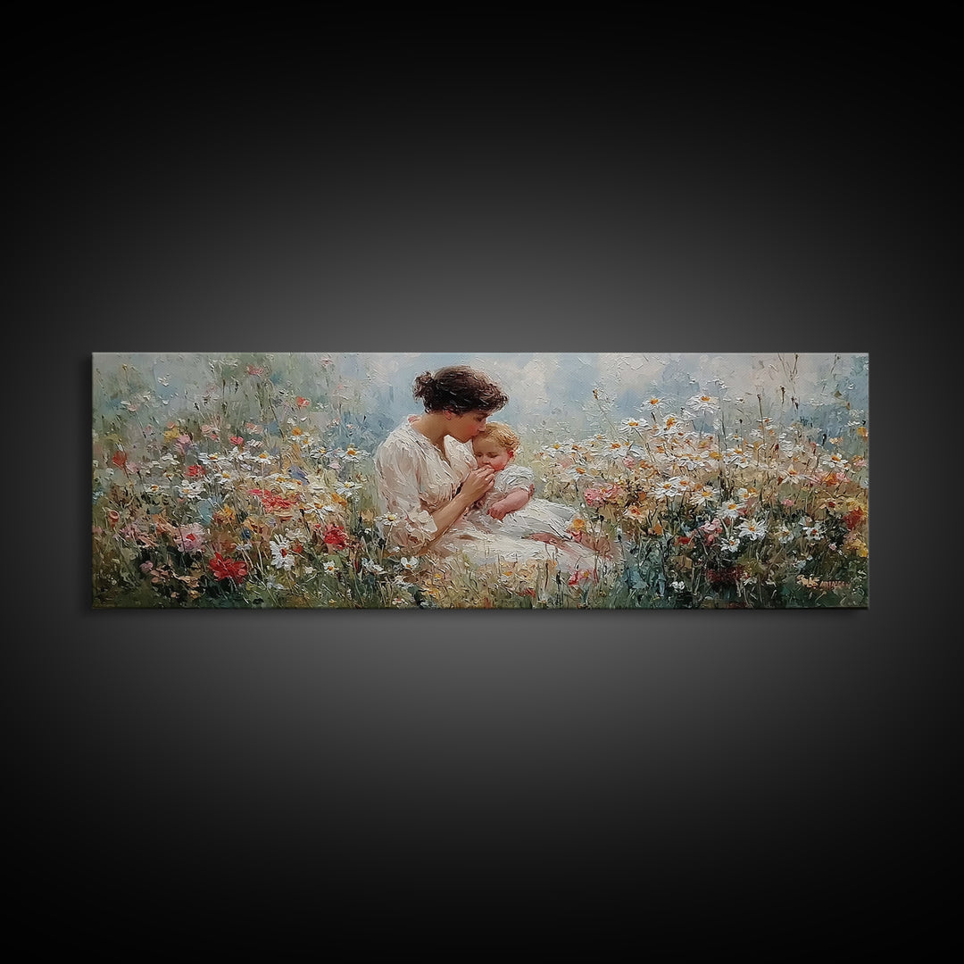Tender Mother Kissing Baby In Floral Meadow Wall Art, Impressionist Framed Canvas Print, Nursery Decor Gift For Mom And Her