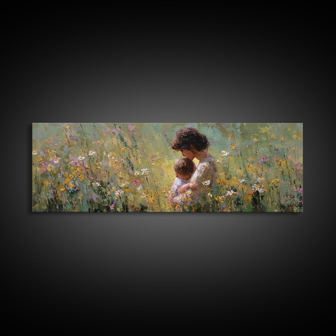 Mother Snuggling Baby In Golden Wildflower Meadow Wall Art, Impressionist Canvas Print, Feminine Nursery Decor Gift For Mom