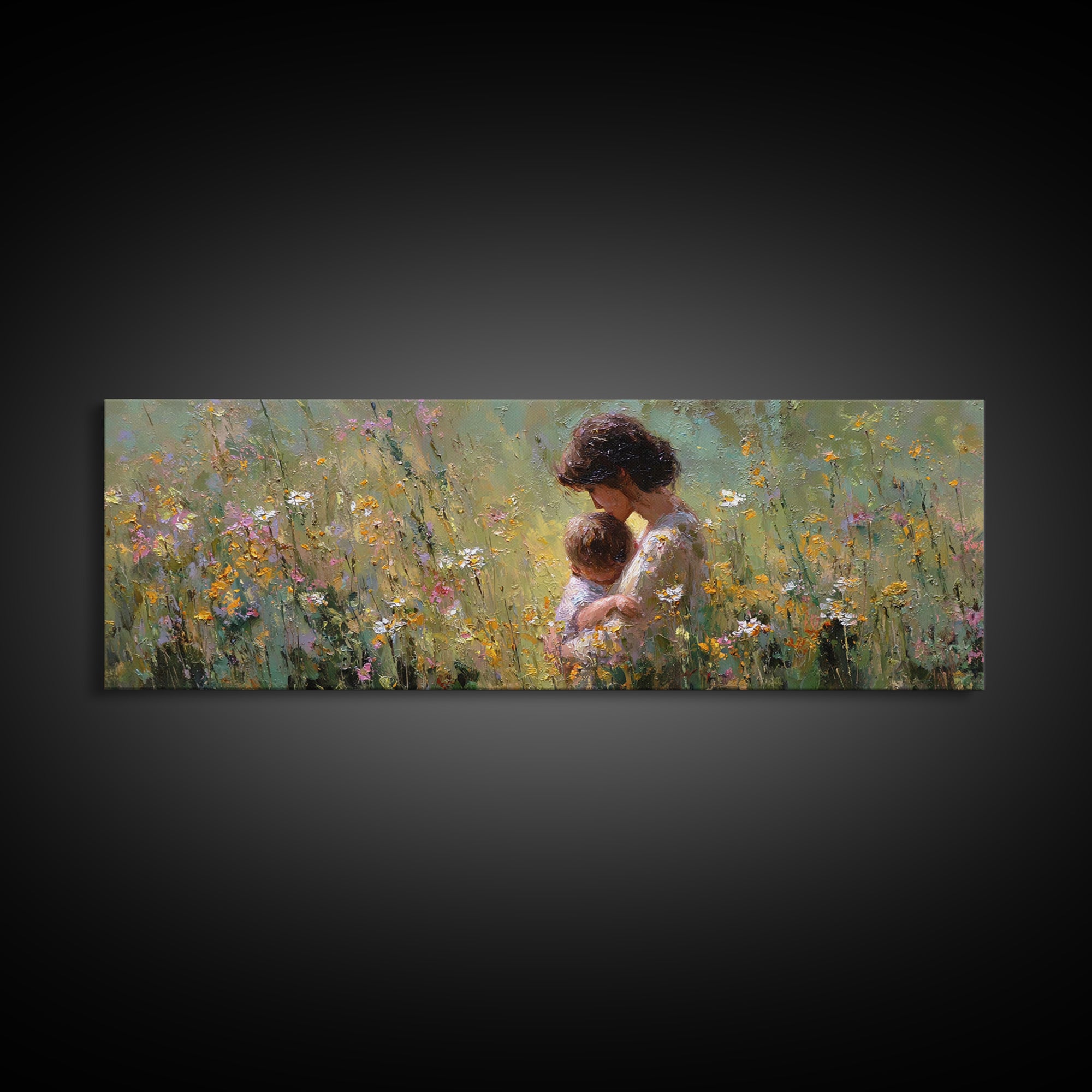 Mother Snuggling Baby In Golden Wildflower Meadow Wall Art, Impressionist Canvas Print, Feminine Nursery Decor Gift For Mom