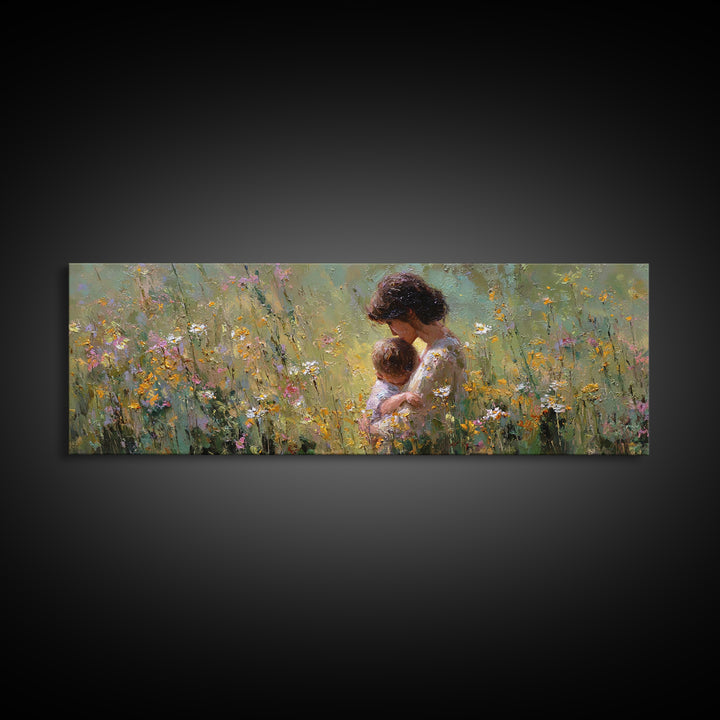 Mother Snuggling Baby In Golden Wildflower Meadow Wall Art, Impressionist Canvas Print, Feminine Nursery Decor Gift For Mom