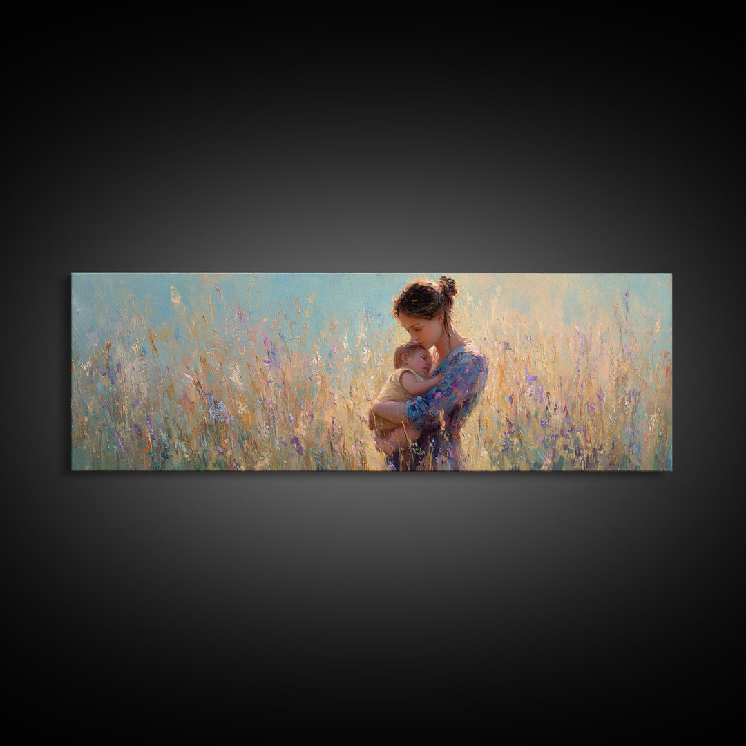 Mother Holding Newborn In Pastel Meadow Wall Art, Impressionist Floral Canvas Print, Baby Nursery Decor Gift For Mom And Her