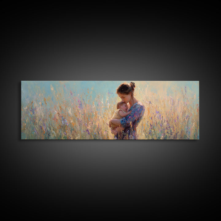 Mother Holding Newborn In Pastel Meadow Wall Art, Impressionist Floral Canvas Print, Baby Nursery Decor Gift For Mom And Her