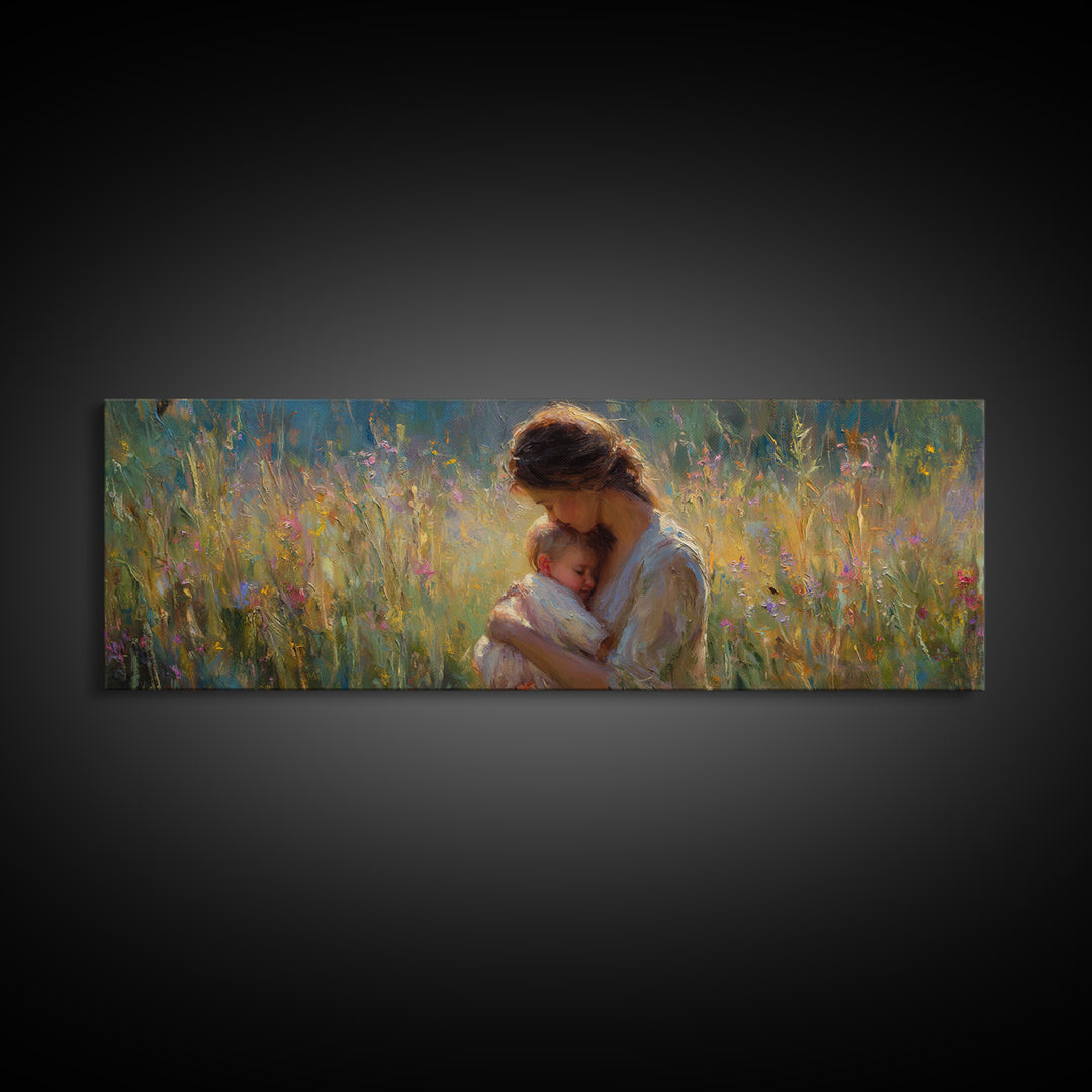 Mother And Sleeping Baby In Glowing Meadow Wall Art, Impressionist Framed Canvas Print, Nursery Decor Gift For Mom And Her