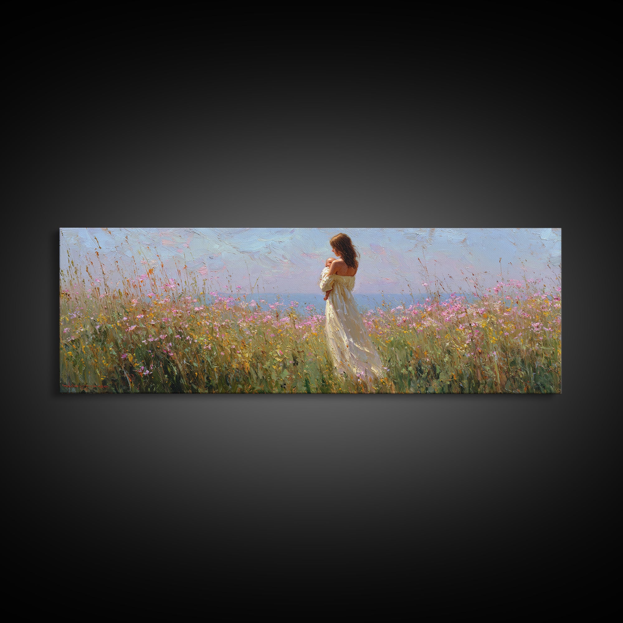 Mother Holding Baby In Open Wildflower Field Wall Art, Impressionist Landscape Canvas Print, Feminine Nursery Decor Gift
