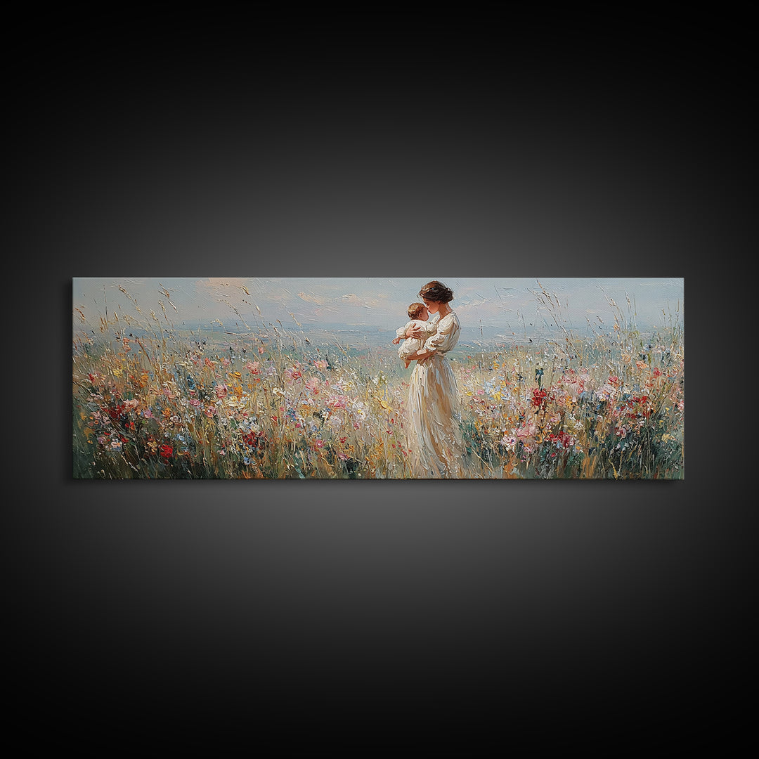 Mother And Baby In Wildflower Meadow Wall Art, Panoramic Canvas Print For Nursery Decor, Feminine Bedroom, Gift For Mom Art