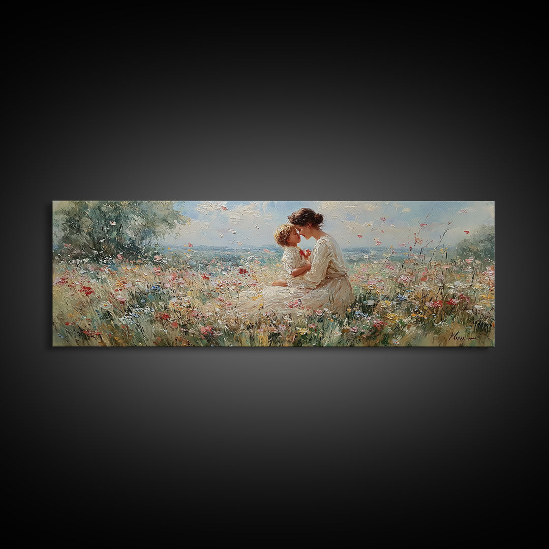 Mother Kissing Child In Butterfly Meadow Wall Art, Panoramic Framed Canvas Print, Floral Nursery Decor, New Mom Gift For Her