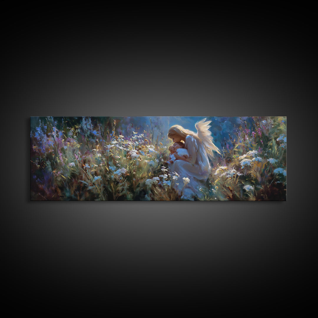 Angel Mother Holding Baby In Moonlit Flowers Wall Art, Spiritual Framed Canvas Print, Celestial Nursery Decor, Baptism Gift