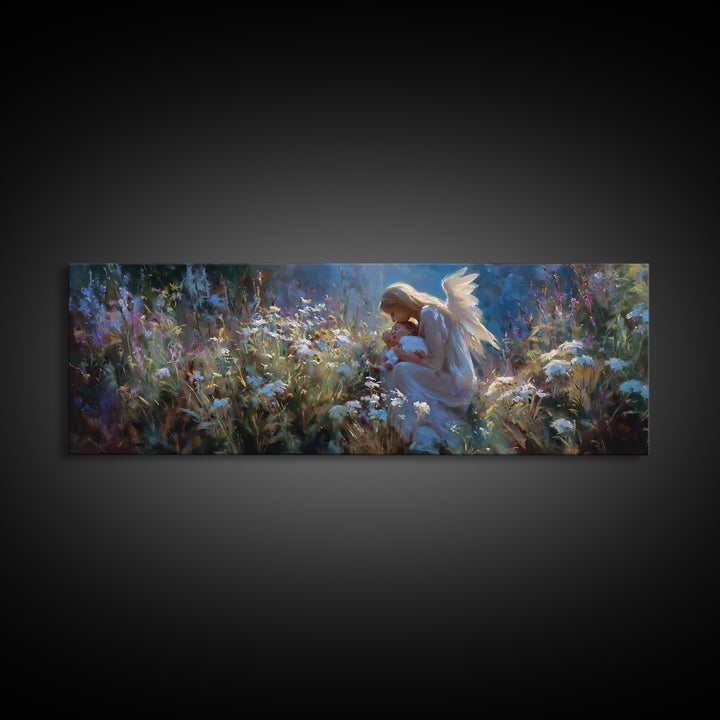 Angel Mother Holding Baby In Moonlit Flowers Wall Art, Spiritual Framed Canvas Print, Celestial Nursery Decor, Baptism Gift