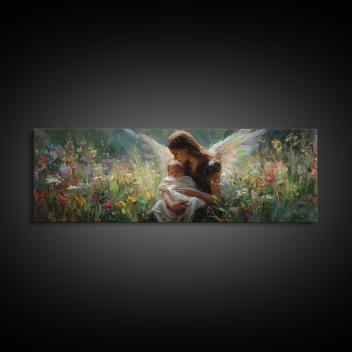 Guardian Angel Cradling Infant In Wildflower Meadow Wall Art, Celestial Canvas Print, Spiritual Nursery Decor, New Baby Gift