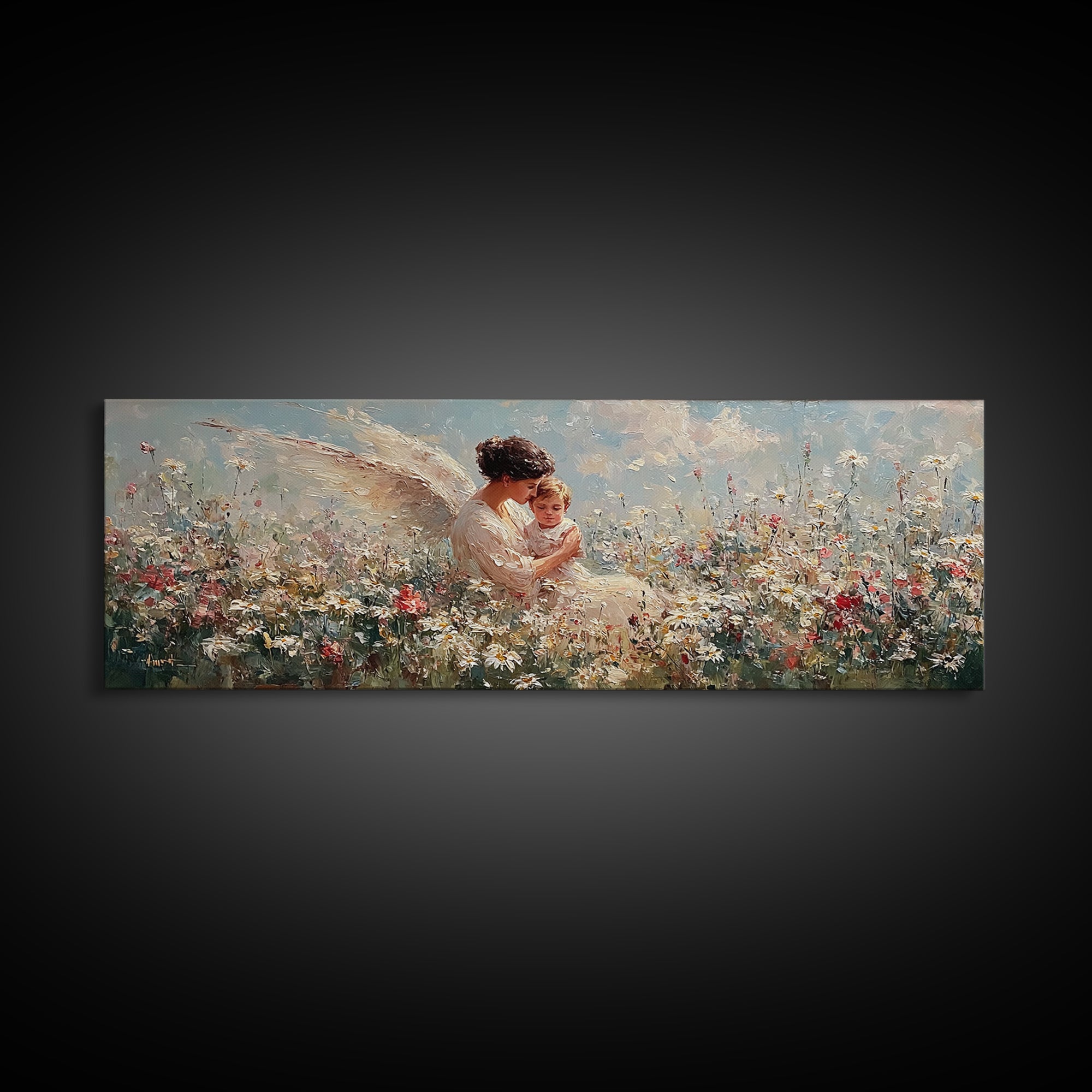 Angel Mother With Toddler In Daisy Meadow Wall Art, Panoramic Framed Canvas Print, Celestial Nursery Decor, Gift For Mom
