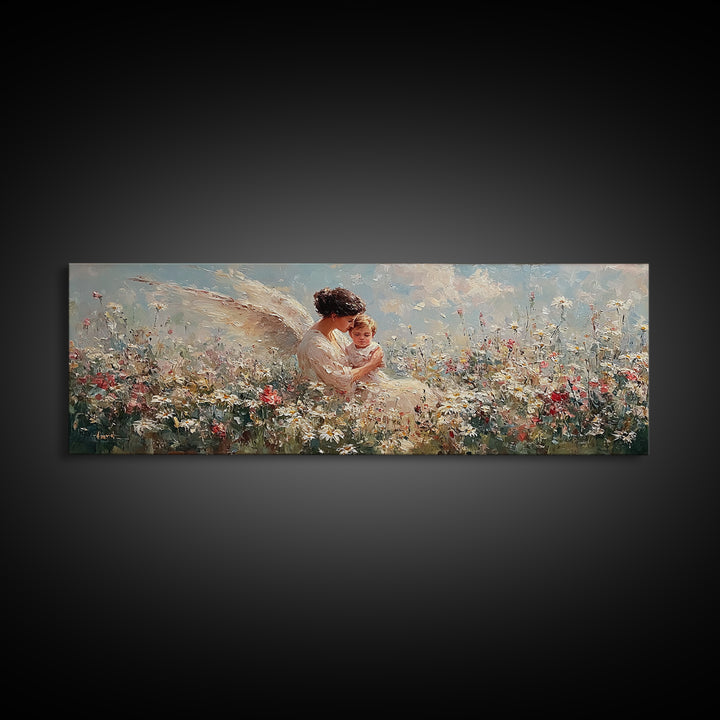 Angel Mother With Toddler In Daisy Meadow Wall Art, Panoramic Framed Canvas Print, Celestial Nursery Decor, Gift For Mom