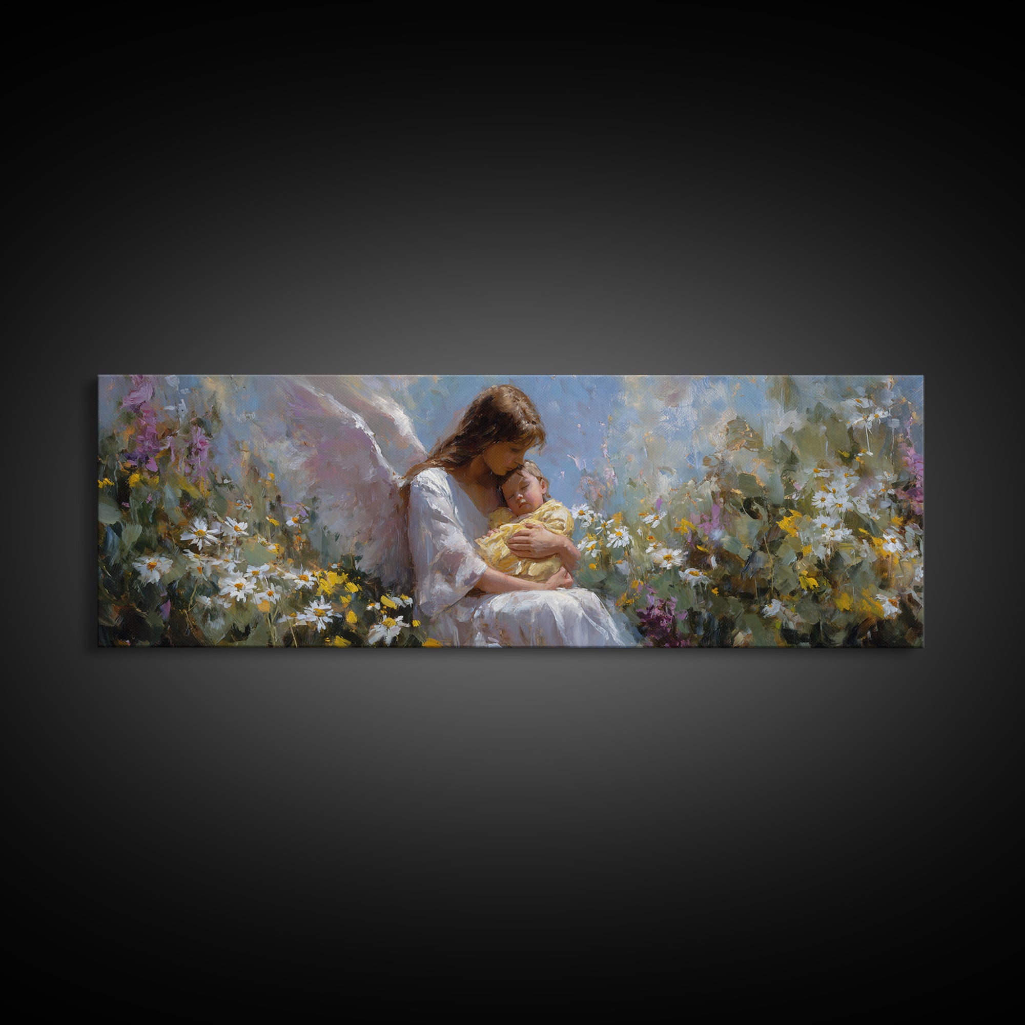 Serene Mother And Baby In Wildflower Meadow Framed Canvas Print, Angel Nursery Art, Christian Wall Art, Gift For Mom, Home Decor