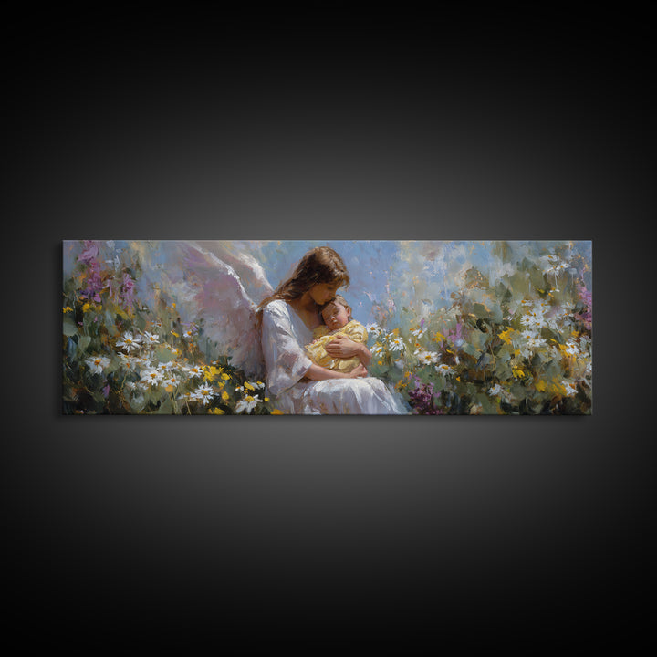 Serene Mother And Baby In Wildflower Meadow Framed Canvas Print, Angel Nursery Art, Christian Wall Art, Gift For Mom, Home Decor