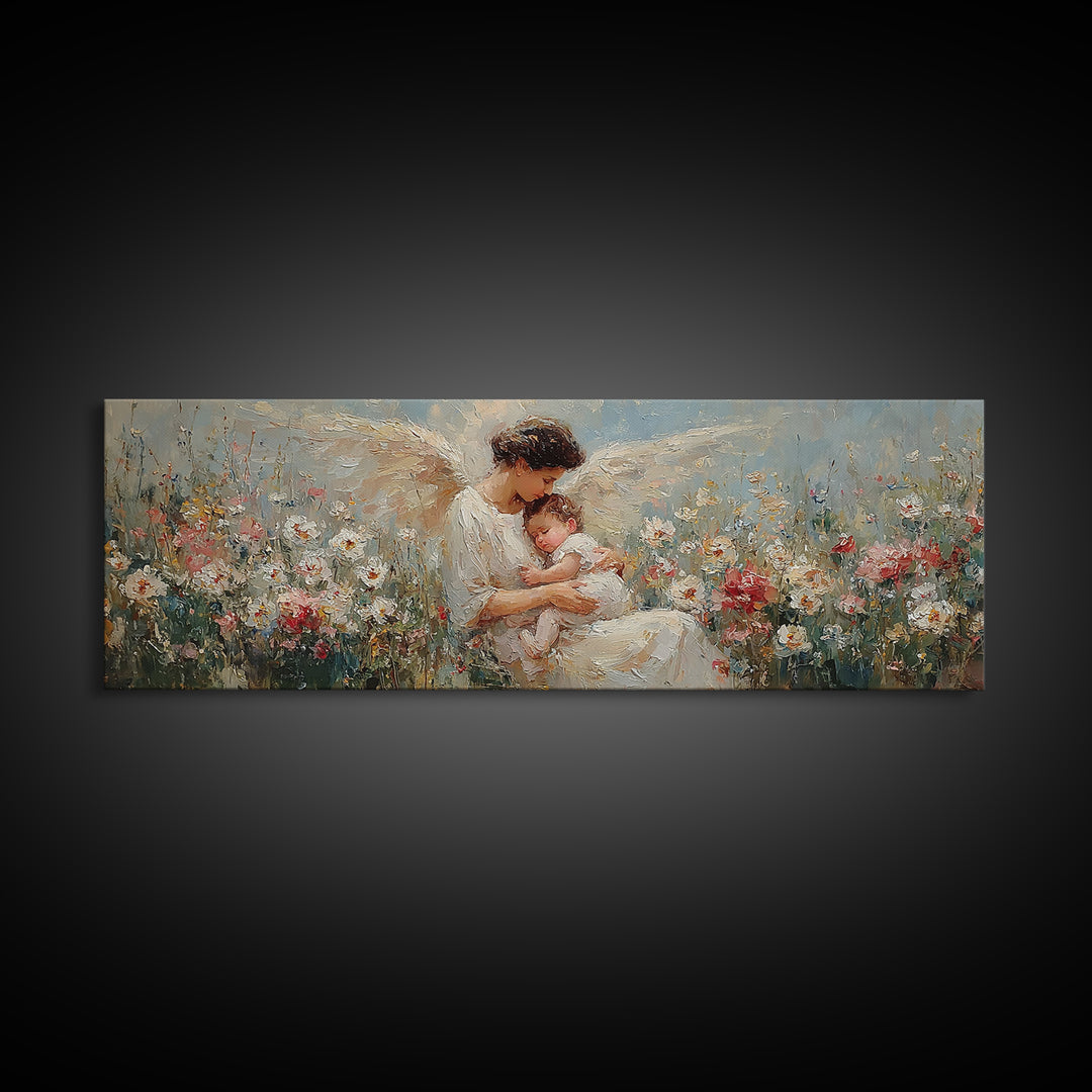 Tender Angel Mother Holding Baby In Flower Meadow Canvas Print, Christian Nursery Art, Mother's Day Gift, Peaceful Wall Art