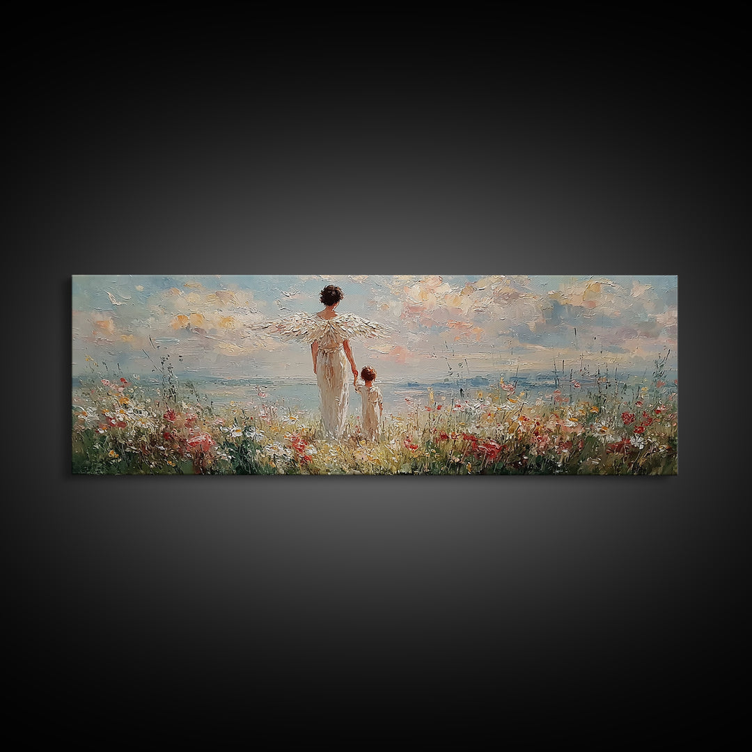 Angel Mother And Child Beside Ocean Meadow Large Wall Art, Coastal Christian Decor, Nursery Canvas Art, Housewarming Gift