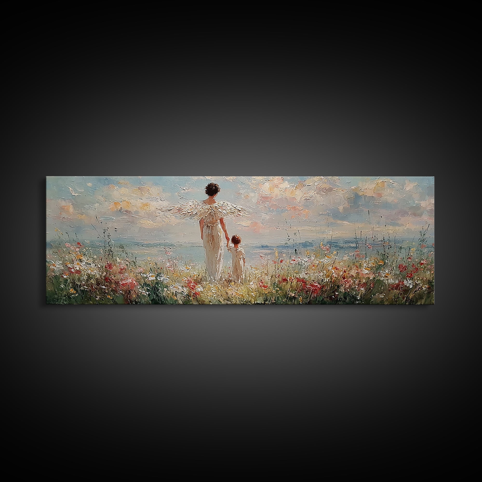 Angel Mother And Child Beside Ocean Meadow Large Wall Art, Coastal Christian Decor, Nursery Canvas Art, Housewarming Gift