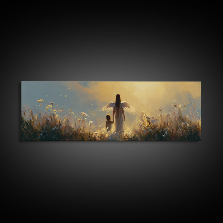 Golden Guardian Angel Walking With Child Through Meadow Canvas Print, Spiritual Wall Art, Nursery Decor, Gift For Mom, Home Decor