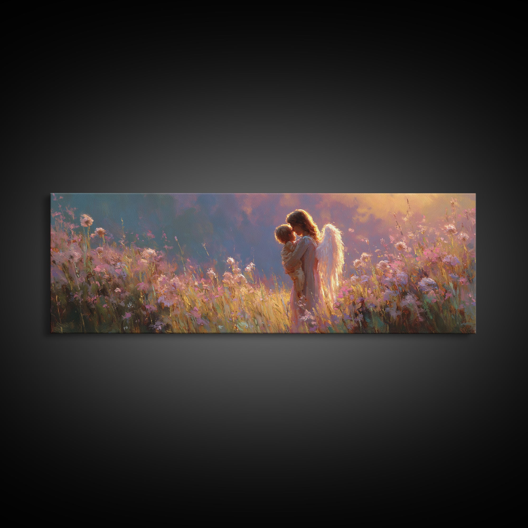 Glowing Angel Mother Cradling Child In Wildflower Meadow Framed Canvas Print, Christian Wall Art, Nursery Decor, Gift For Her