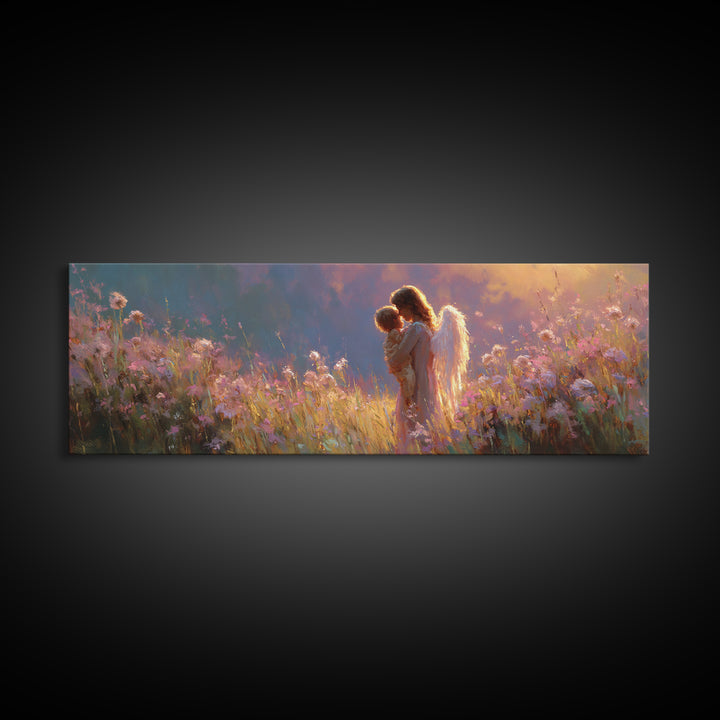 Glowing Angel Mother Cradling Child In Wildflower Meadow Framed Canvas Print, Christian Wall Art, Nursery Decor, Gift For Her